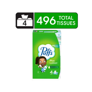 Puffs Plus Lotion Facial Tissues, 4 Family Boxes, 124 tissues per box